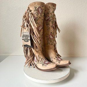 Women's Embroidered Tan Heeled Boots